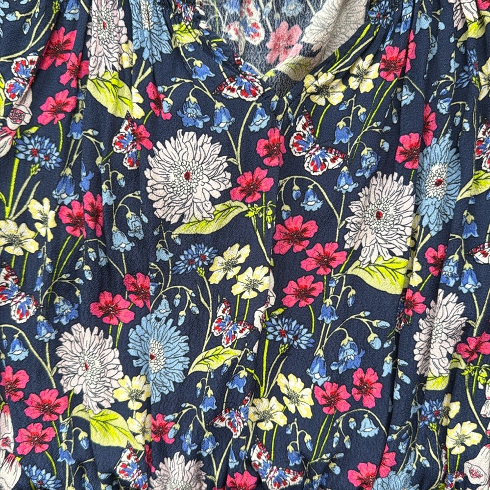 Talbots Floral Print V Neck‎ Smocked Waist Tiered Midi Dress Navy Blue - Size P
